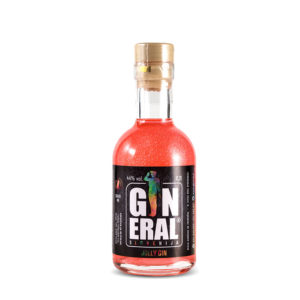 Bottle of red gin with a glossy black label that reads 'GINERAL SLOVENIJA' and 'JOLLY GIN' with a cork stopper and gold foil cap.