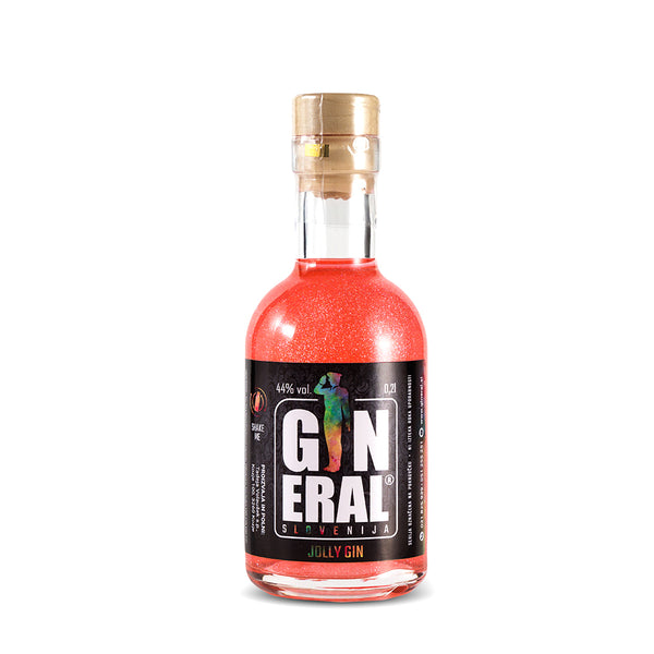 Bottle of red gin with a glossy black label that reads 'GINERAL SLOVENIJA' and 'JOLLY GIN' with a cork stopper and gold foil cap.