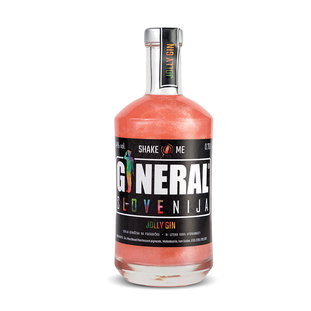 Pink gin bottle with a black label reading Jolly Gin and large white text on the front label (product shot).