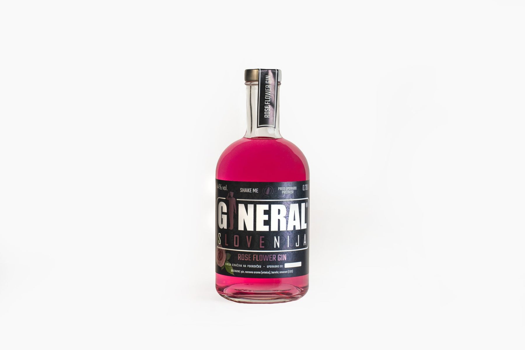Pink gin bottle with black label reading Rose Flower Gin, centered on a white backdrop.