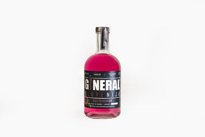 Pink gin bottle with black label reading Rose Flower Gin, centered on a white backdrop.