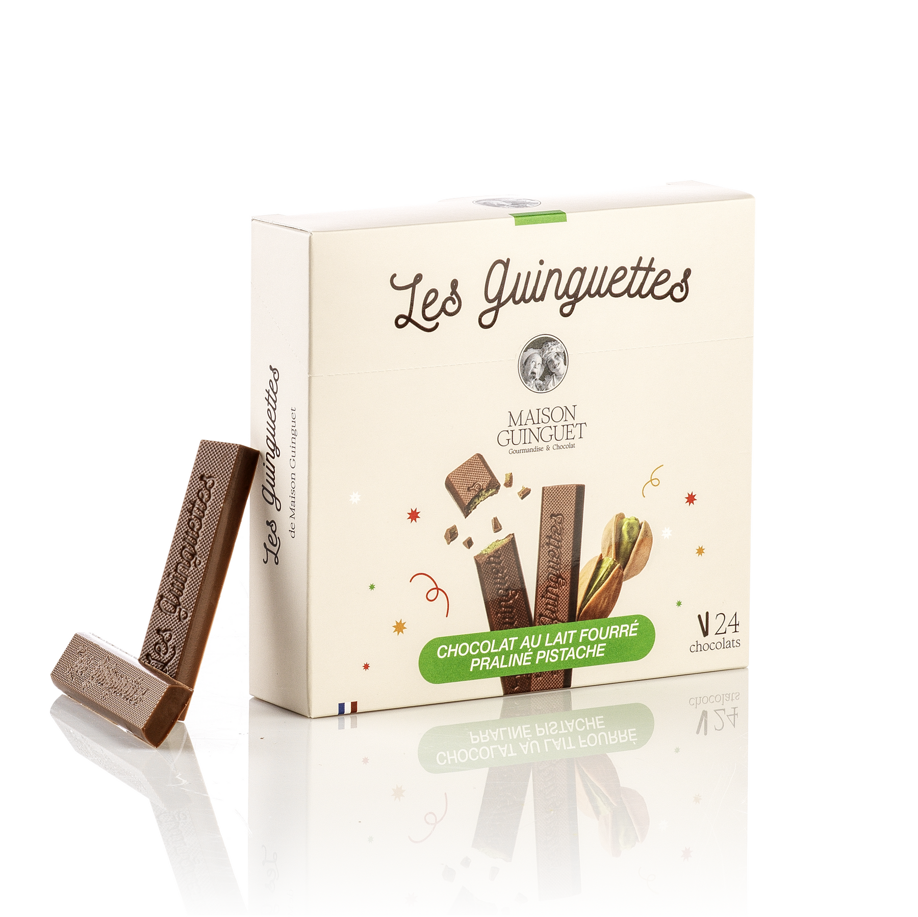 LES GUINGUETTES CHOCOLAT AU LAIT FOURRÉES PRALINÉ PISTACHE