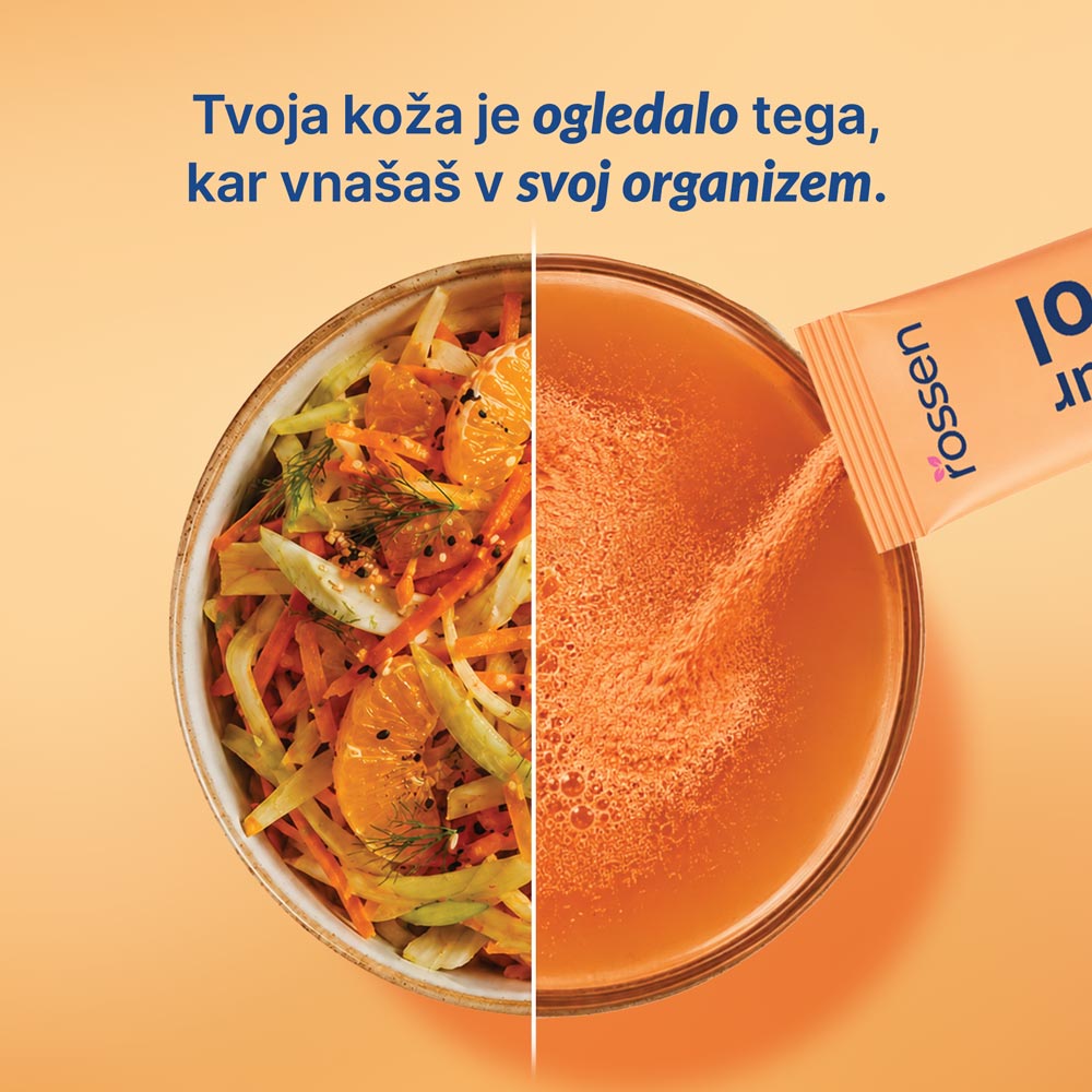 Split image with a colorful salad on the left and orange juice being poured on the right, illustrating that your skin mirrors what you eat.