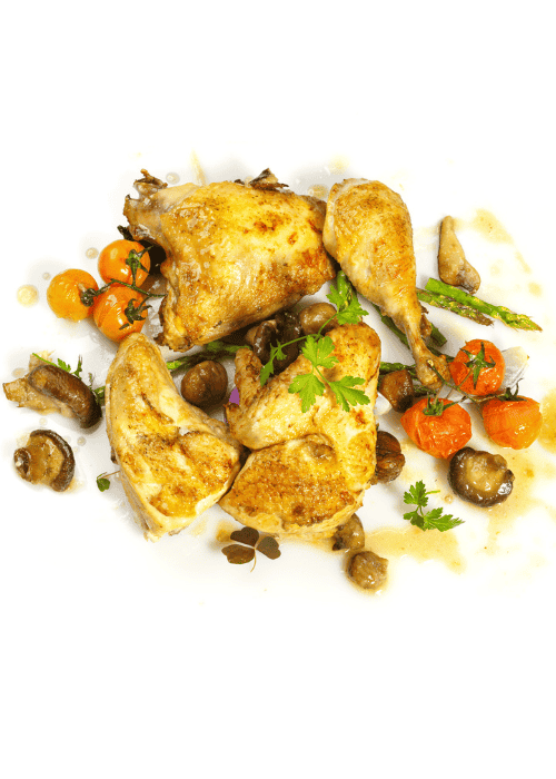Pollo ecológico asado con castañas y setas