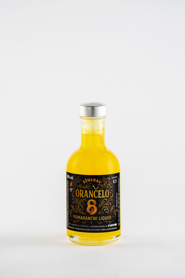 Glass bottle of orange liqueur with a black ornate label reading 'Orancelo 8' and 'Pomarančni liker' against a white background, front view