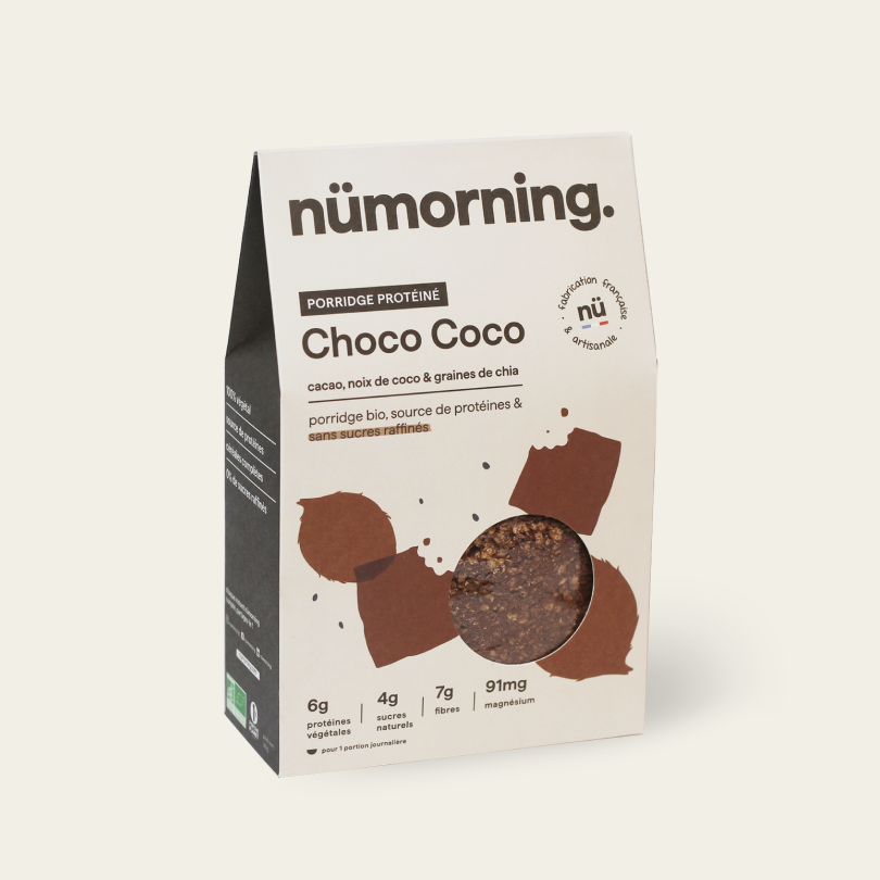 Paquet de porridge bio Choco Coco, au chocolat et la noix de coco, de la marque nümorning