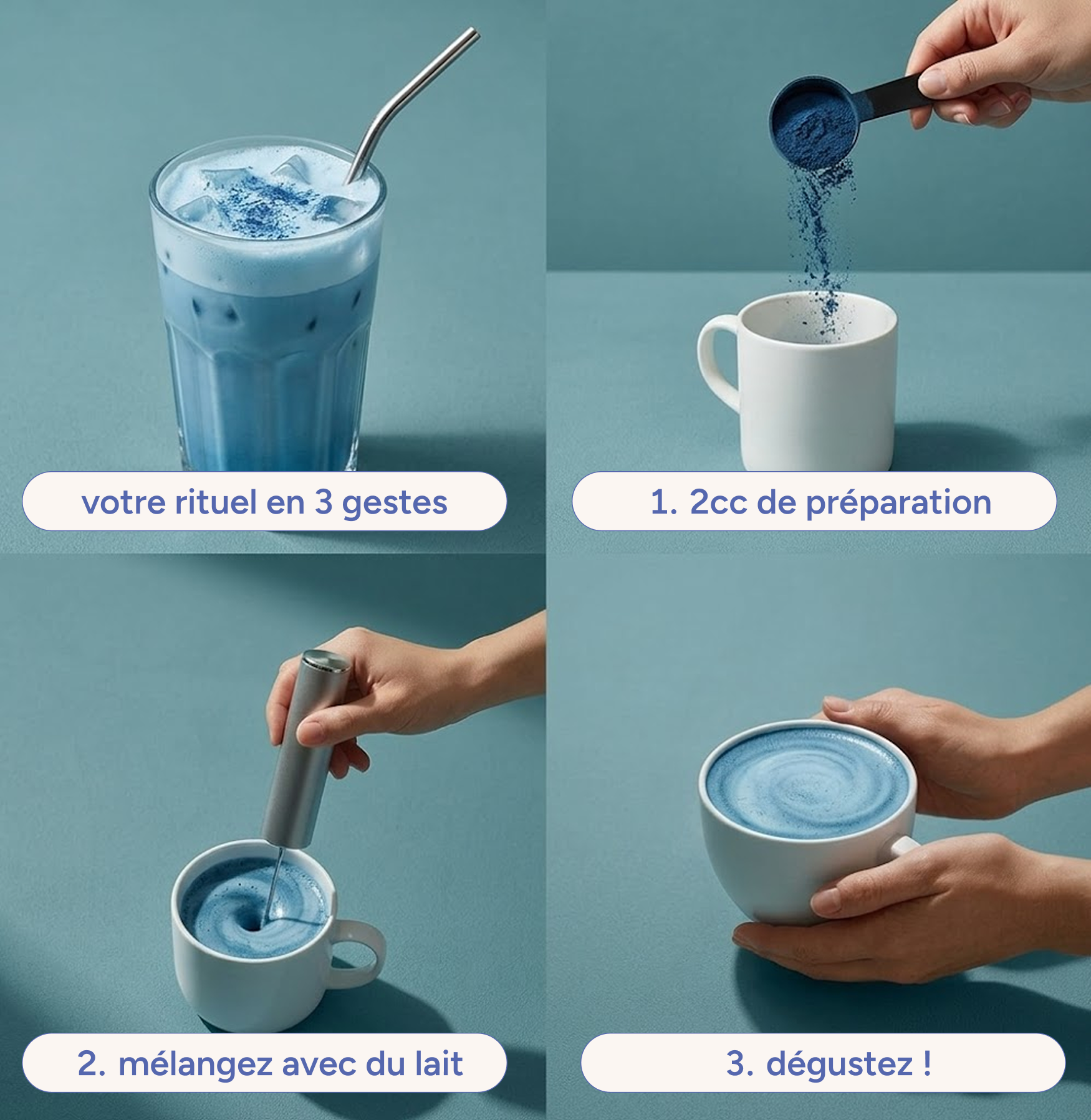 Guide visuel pour préparer un blue latte avec une préparation en poudre en 4 étapes