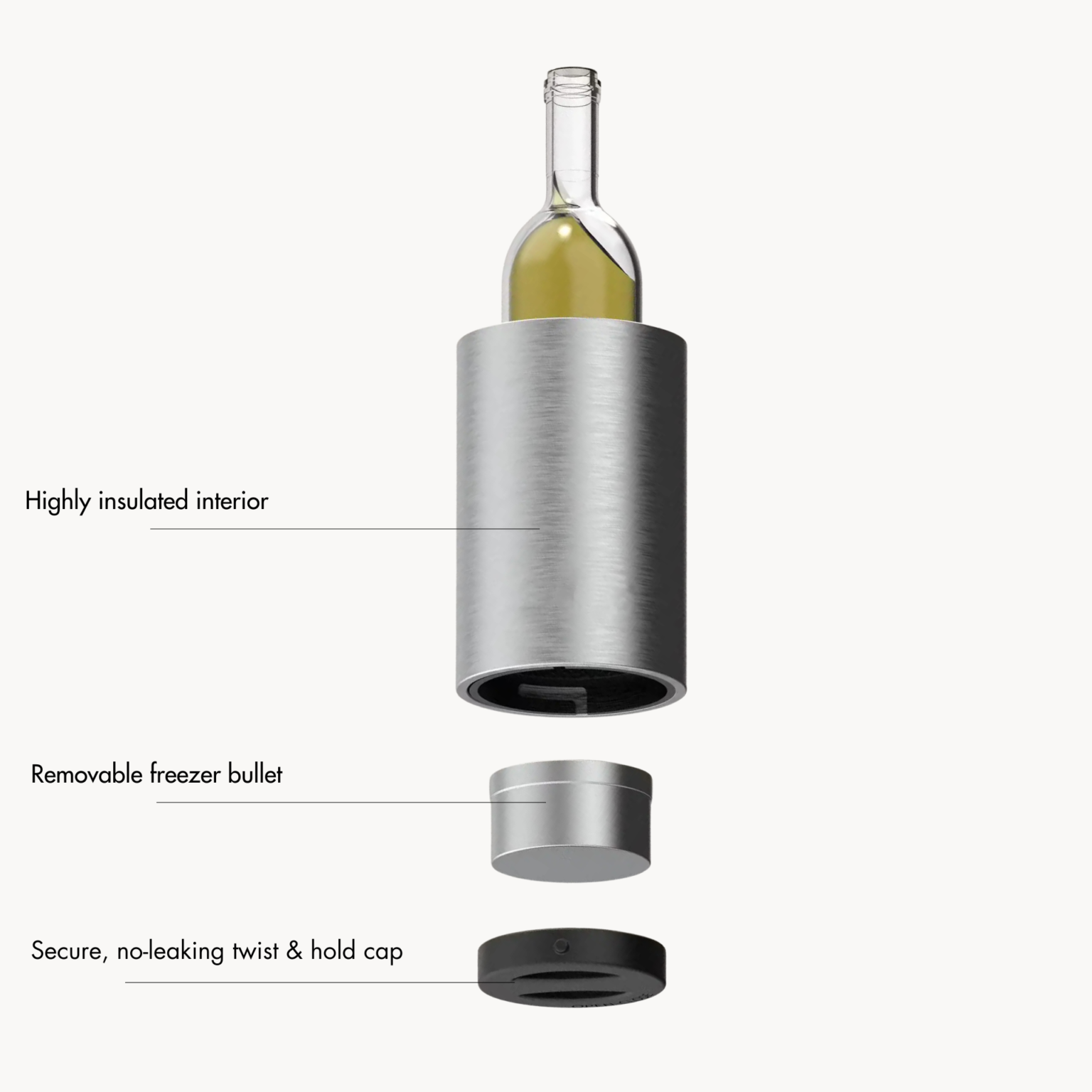 Coolenator silver classic design wine cooler with a bottle of wine showing all the different parts in the coolenator that makes it special