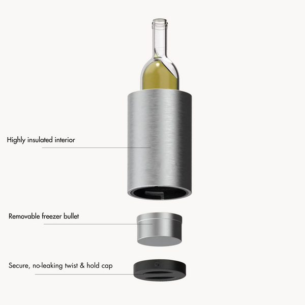 Coolenator silver classic design wine cooler with a bottle of wine showing all the different parts in the coolenator that makes it special