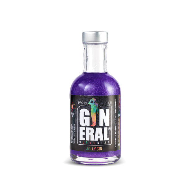Purple gin bottle with a silver cap and a dark label featuring bold white text and the words 'Jolly Gin' on the label.