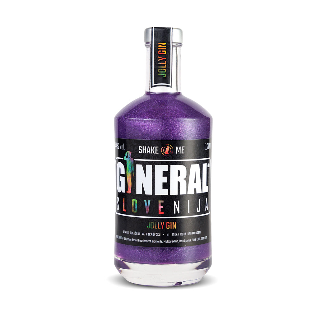 Purple glitter gin bottle with a black label and bold white letters, featuring a silver cap and a rainbow accent on the neck tag reading 'JOLLY GIN'.