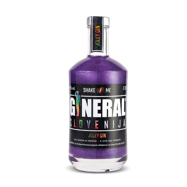 Purple glitter gin bottle with a black label and bold white letters, featuring a silver cap and a rainbow accent on the neck tag reading 'JOLLY GIN'.