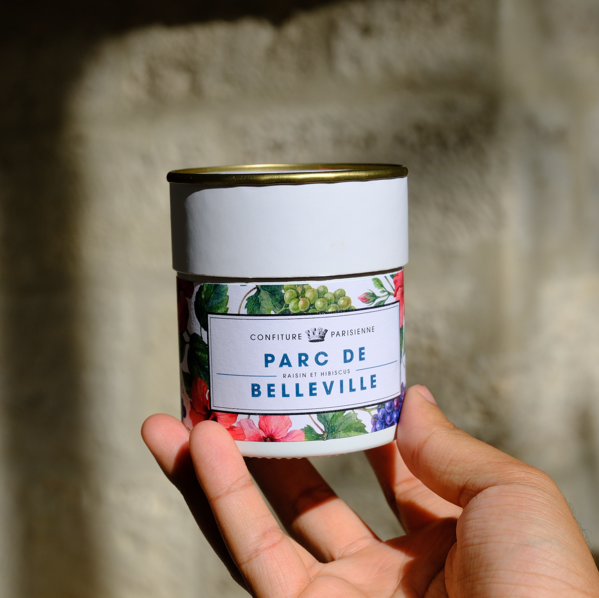 Pot Raisin Hibiscus x Parc de Belleville tenu en main devant un mur en pierre éclairé