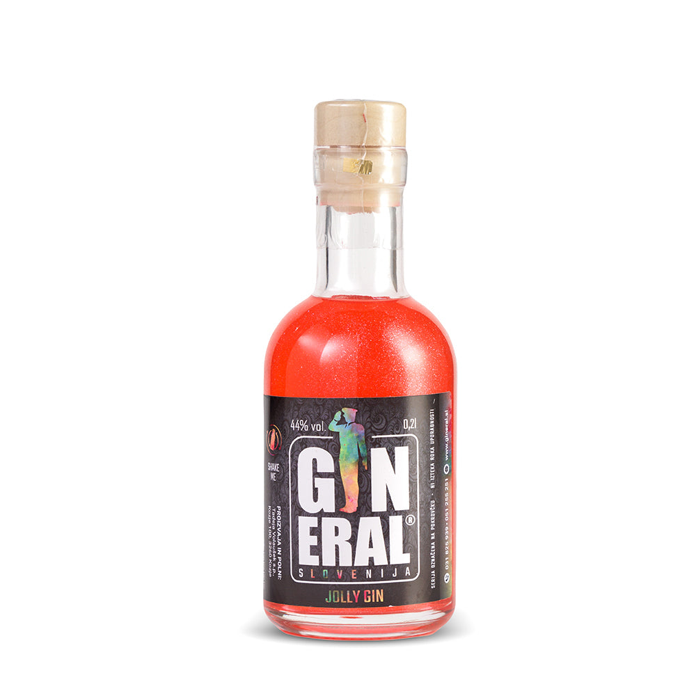 Small bottle of red gin with a black label and a cork seal, labeled General Slovenija Jolly Gin.