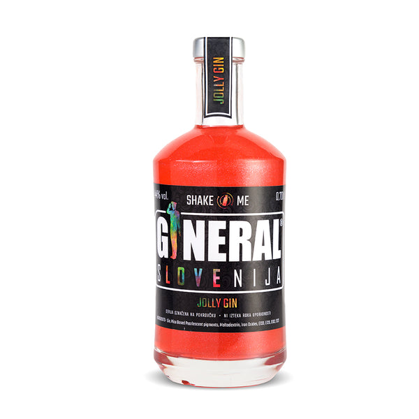 Bottle of red gin with a black label and silver cap; neck tag reads 'JOLLY GIN' while the main label shows large white text.