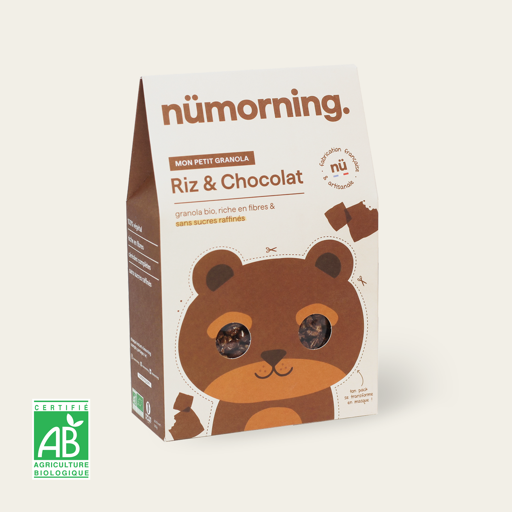 Paquet de céréales pour enfant bio et peu sucré au chocolat, de la marque nümorning
