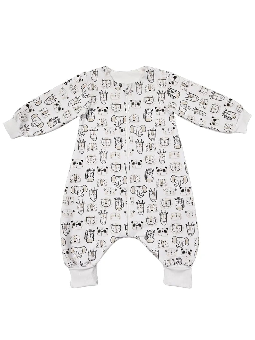 Cotton sleeping bag with legs and sleeves - Black and white safari animals