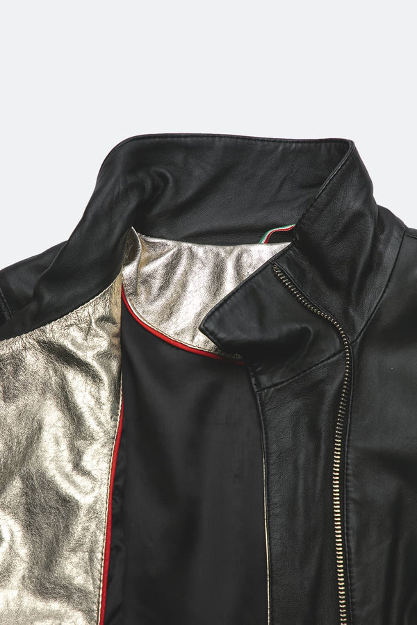 Sally Bis Collo Oro Nero giacca donna 100% vera pelle Made in Italy - Barone Firenze