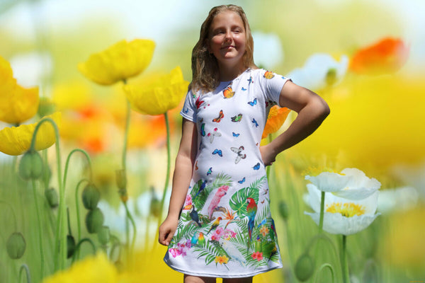Girls' dress IKAB from size 152 - white butterflies and parrots