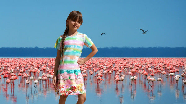 Girls' Dress Short Sleeve Rainbow Flamingo with Flower