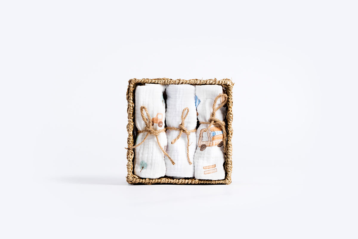 Premium Muslin Tetra Cloths 30x30cm – Set 3/1 - Beige Vehicles