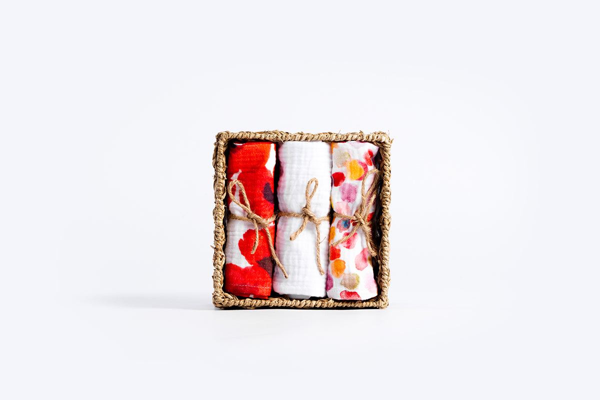 Premium muslin tetra cloths 30x30cm – Set 3/1 - Poppies and dots