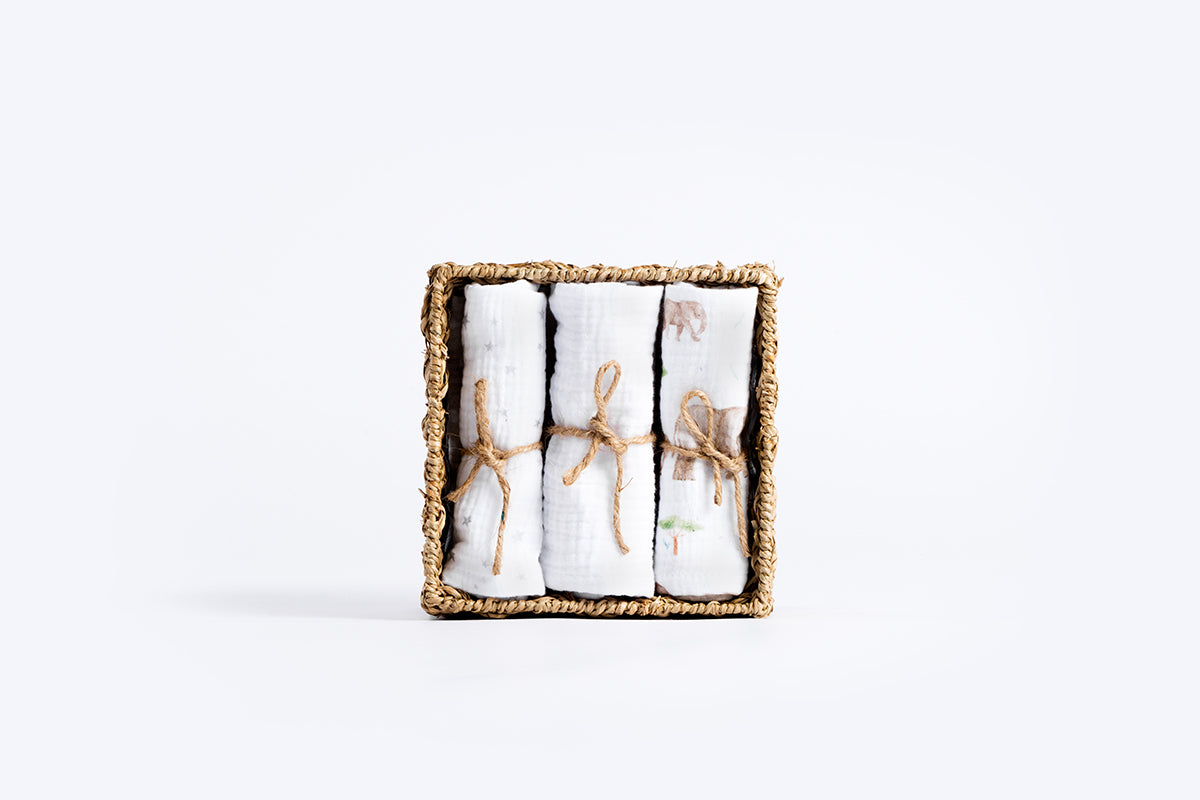 Premium Muslin Tetra Cloths 30x30cm – Set 3/1 - Elephants