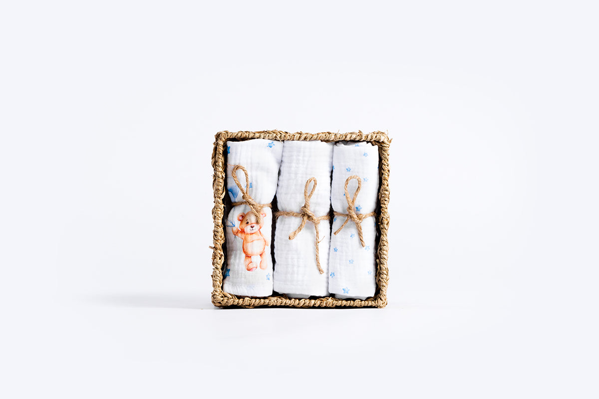 Premium muslin tetra cloths 30x30cm – Set 3/1 - Sleepy bear - blue