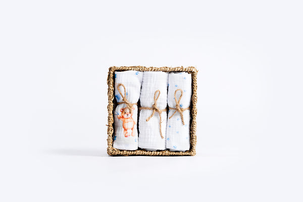 Premium muslin tetra cloths 30x30cm – Set 3/1 - Sleepy bear - blue