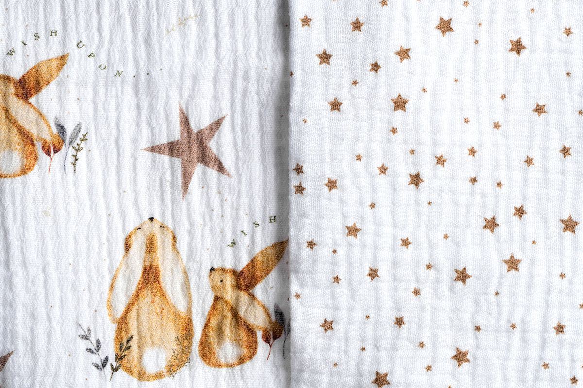 Premium muslin tetra cloths 30x30cm – Set 3/1 - Bunnies and stars