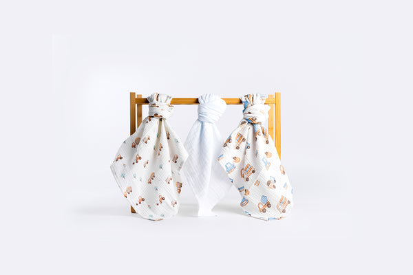 Set of Children's Premium Muslin Tetra Diapers 65x65cm - Set 3/1 - Beige Vehicles