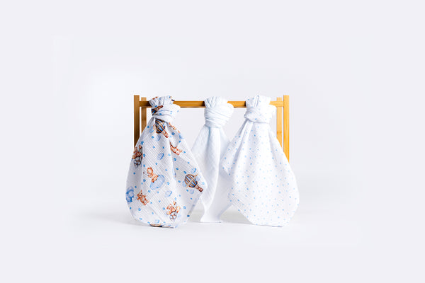 Set dječjih tetra pelena muslin premium 65x65cm - Set 3/1 - Uspavani medo - plavi