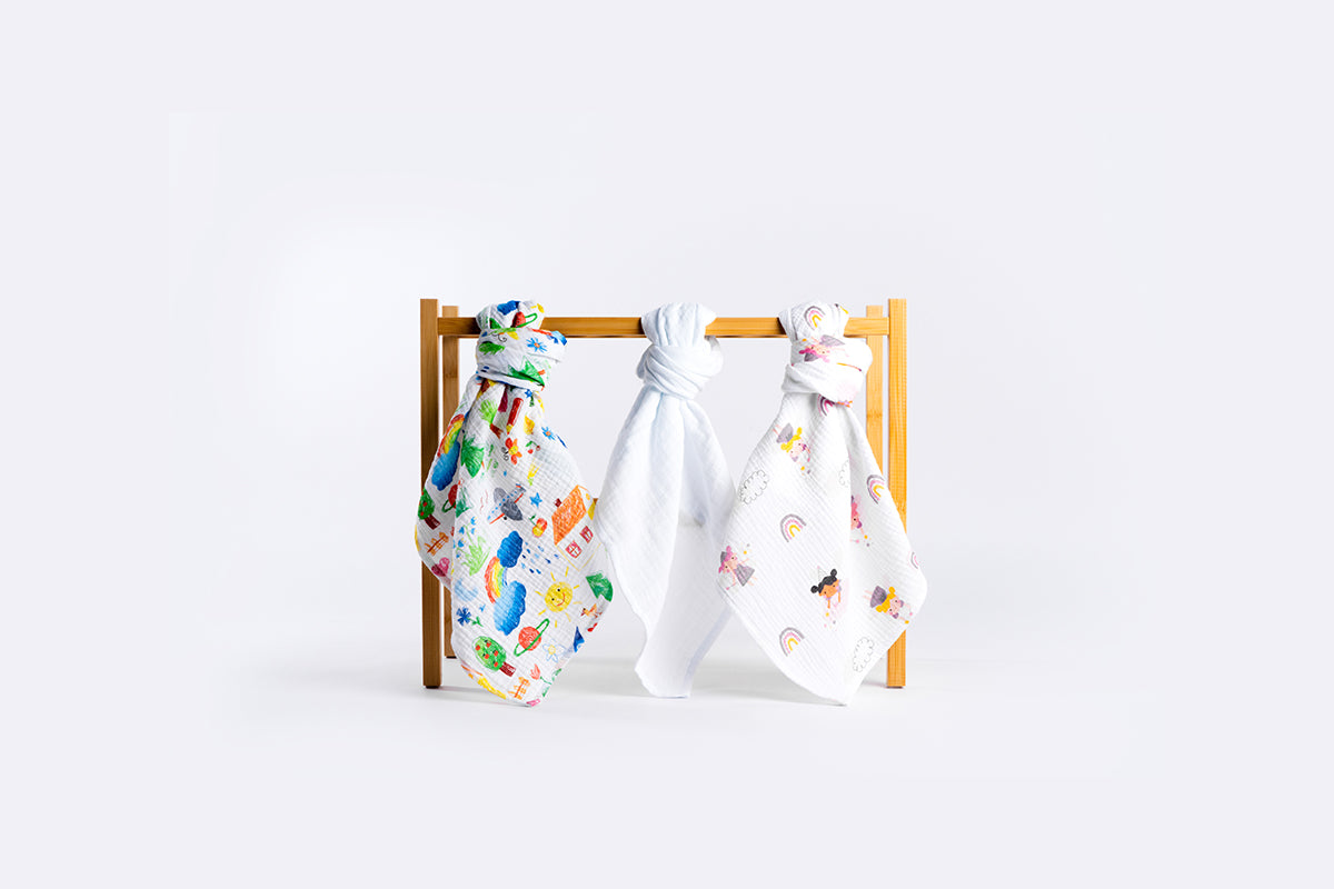 Set of Premium Muslin Tetra Baby Diapers 65x65cm - Set 3/1 - Fairy and Drawing