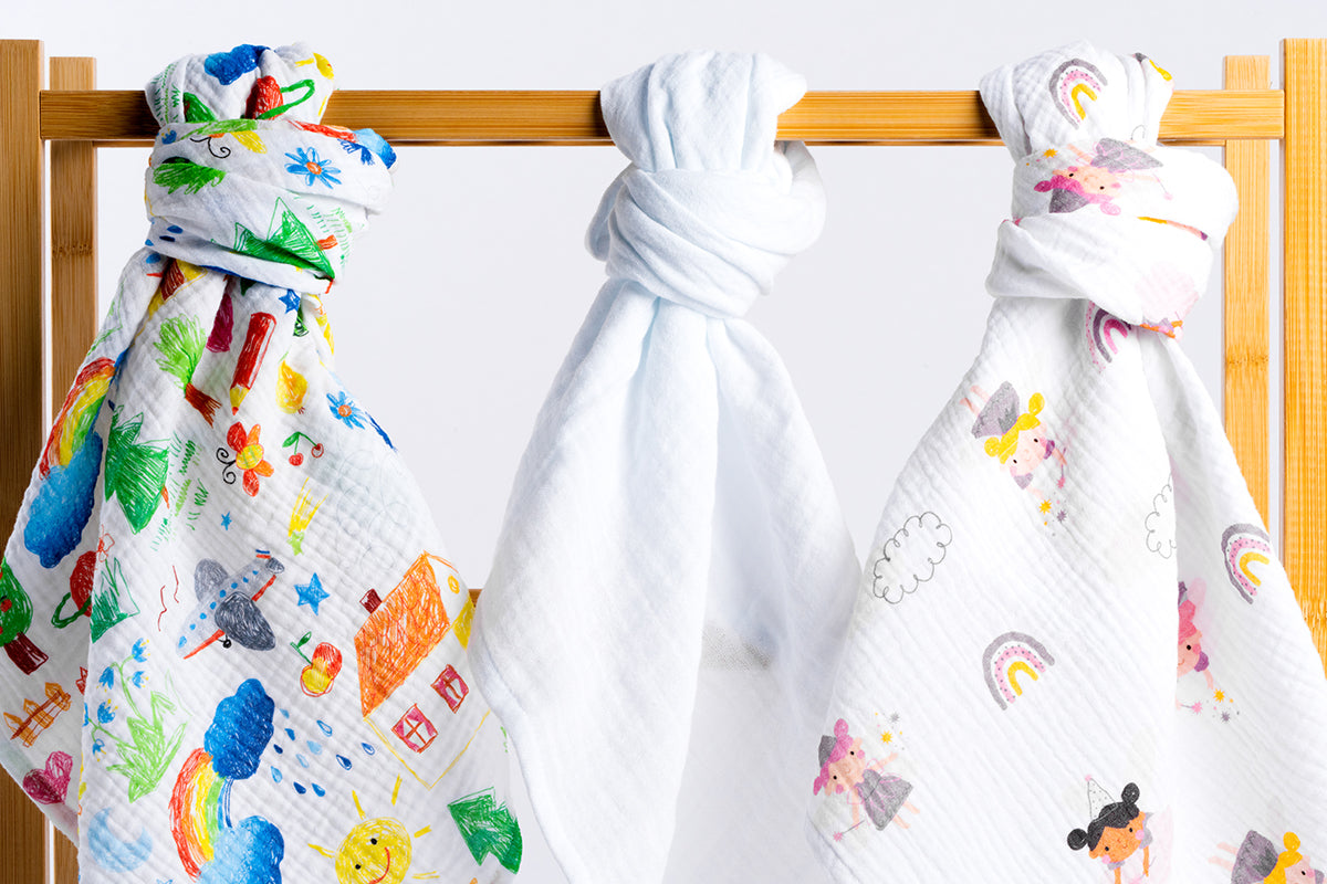 Set of Premium Muslin Tetra Baby Diapers 65x65cm - Set 3/1 - Fairy and Drawing