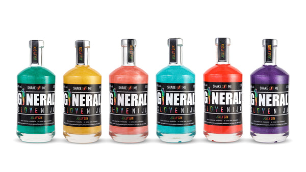 Six colorful gin bottles in a row on a white background: teal, yellow, pink, turquoise, red, and purple liquids.