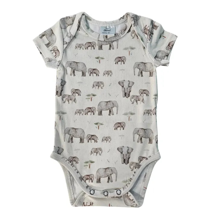 Short Sleeve Bodysuit - Elephants - Beige