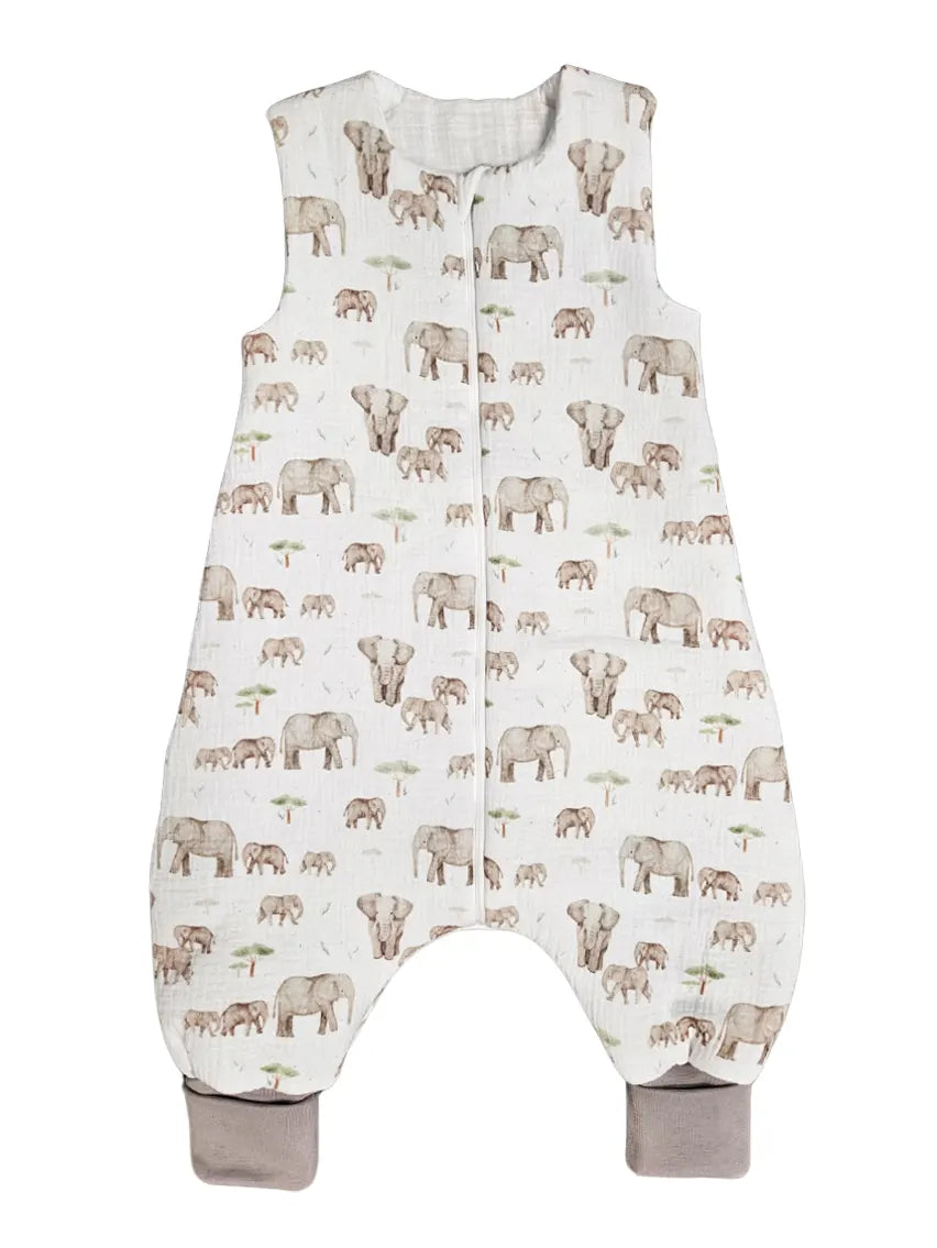 Muslin sleeping bag with legs and filling - Mama and baby elephant