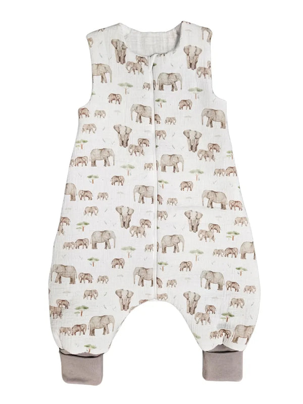 Muslin sleeping bag with legs and filling - Mama and baby elephant