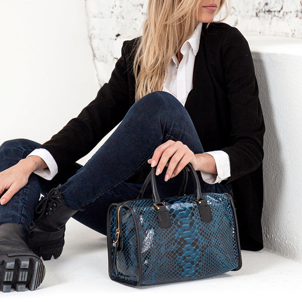 SNAKE - Bauletto in pelle stampa pitone blu