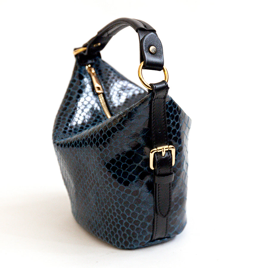 SNAKE - Blue Python Print Leather Bucket Bag