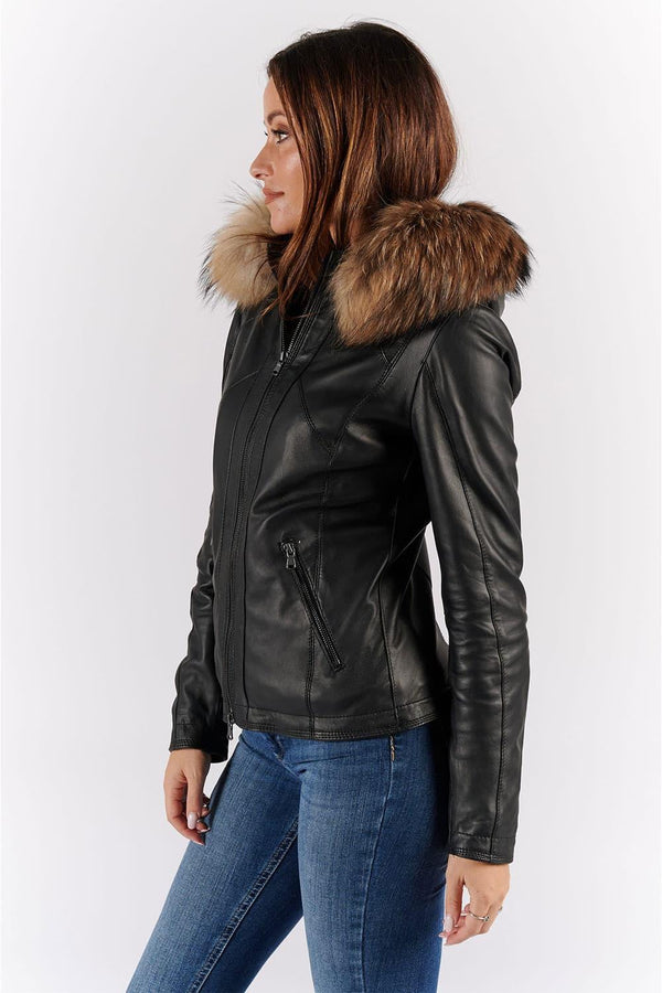 Sofia con Cappuccio Fur giacca donna 100% vera pelle Made in Italy - Barone Firenze