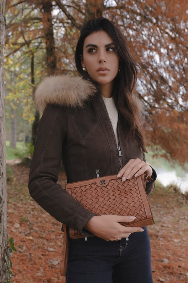 Sofia Oleato con Cappuccio Fur Tdm giacca donna 100% vera pelle Made in Italy - Barone Firenze
