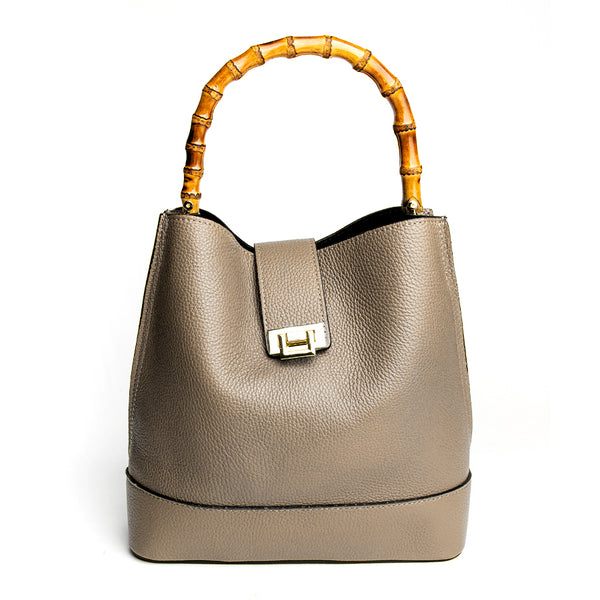 SOHO IT - secchiello in pelle taupe con manici in bamboo