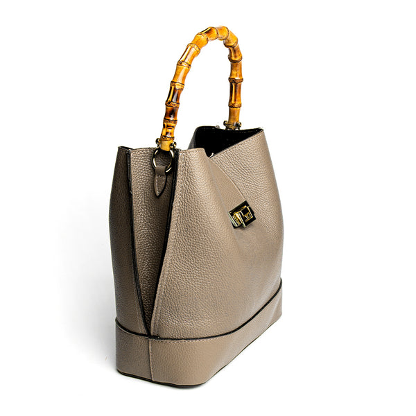 SOHO IT - secchiello in pelle taupe con manici in bamboo