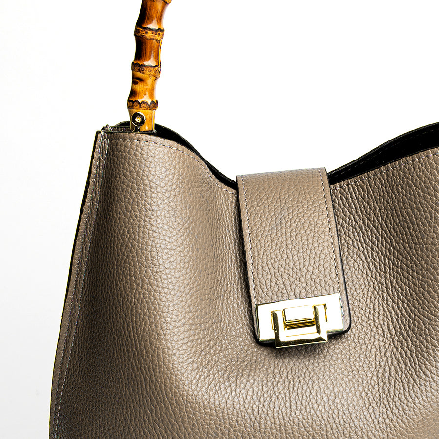 SOHO IT - secchiello in pelle taupe con manici in bamboo