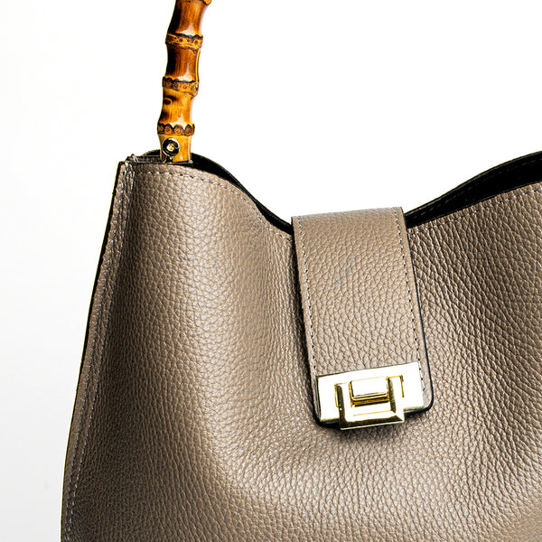 SOHO IT - secchiello in pelle taupe con manici in bamboo