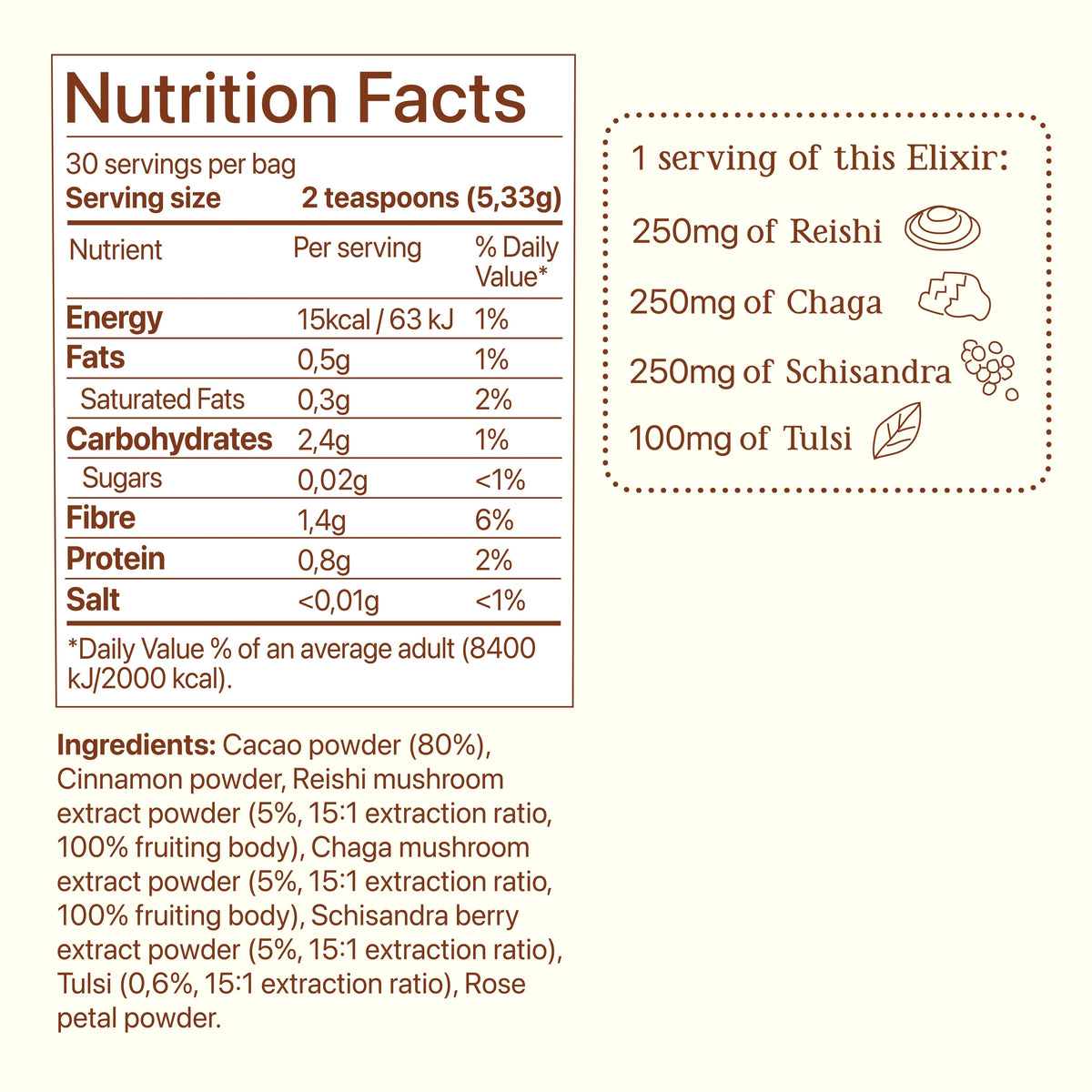 Soma Cacao Balance nutrition facts, ingredients and mushroom content per serving