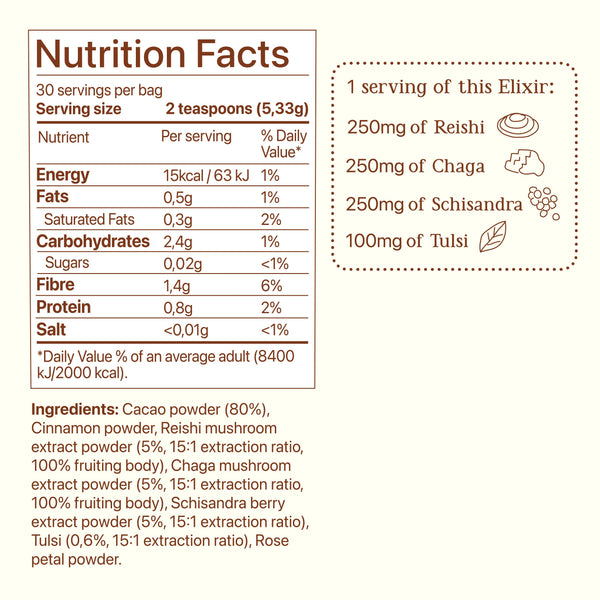 Soma Cacao Balance nutrition facts, ingredients and mushroom content per serving