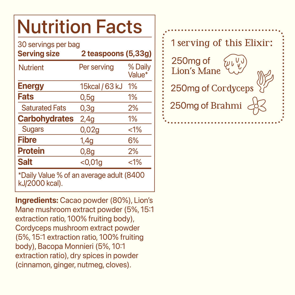 Soma Cacao Focus nutrition facts, ingredients and mushroom content per serving