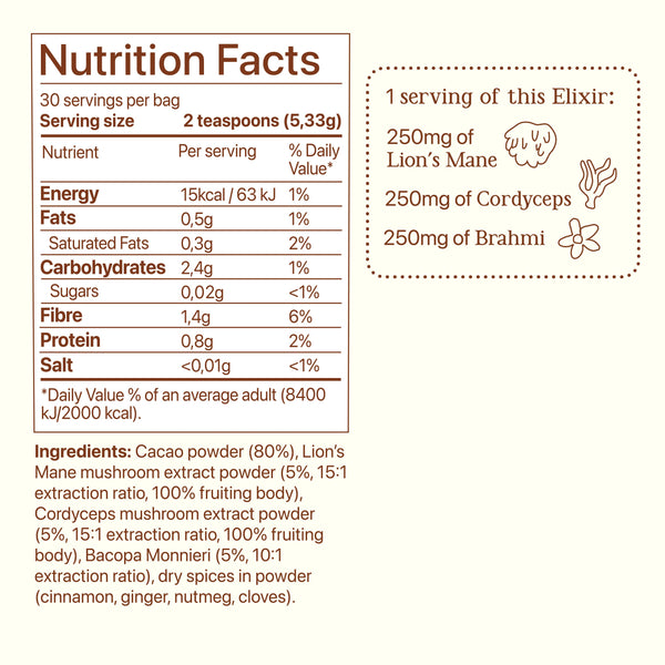 Soma Cacao Focus nutrition facts, ingredients and mushroom content per serving